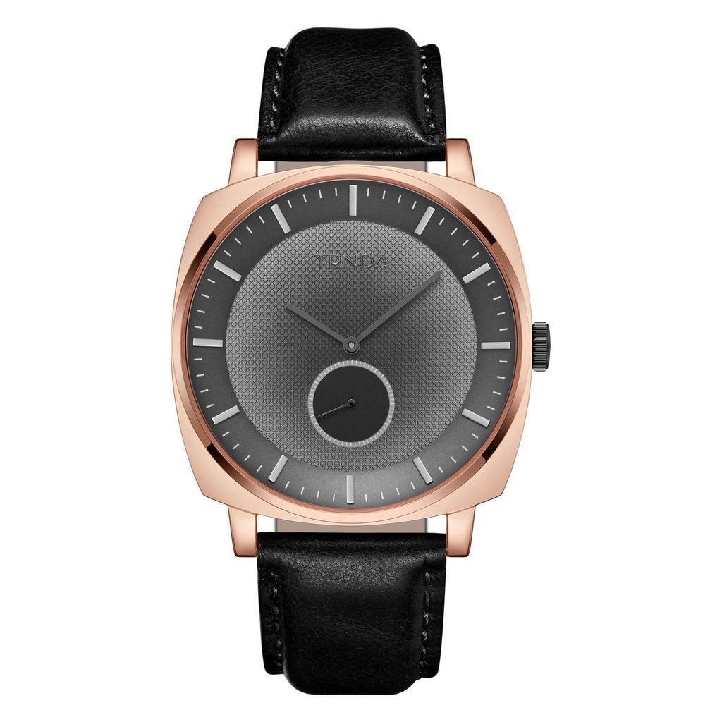 Trnda Men's Rose Gold Stainless Steel Watch, Black Leather | Trn045mm