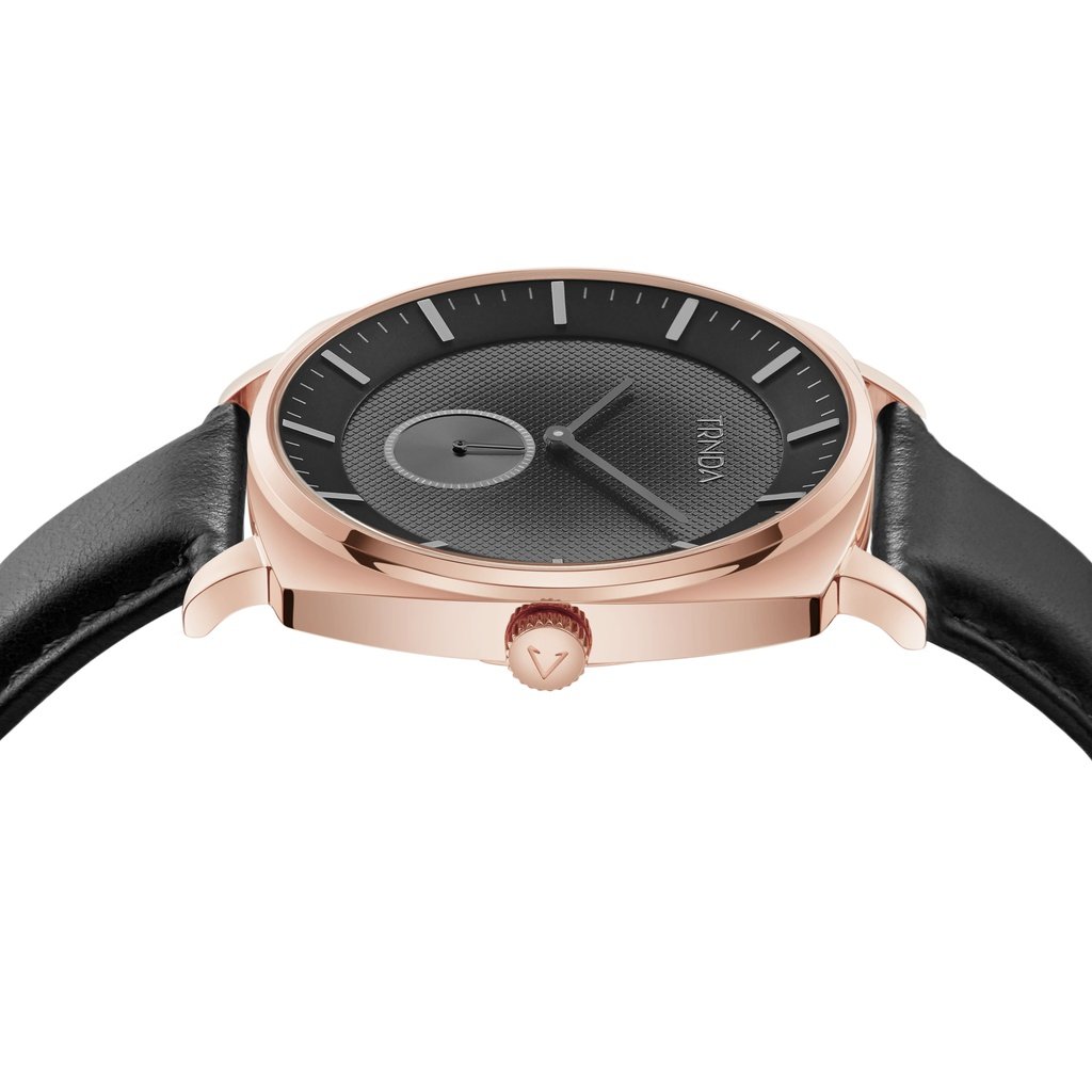 Trnda Men's Rose Gold Stainless Steel Watch, Black Leather | Trn045mm