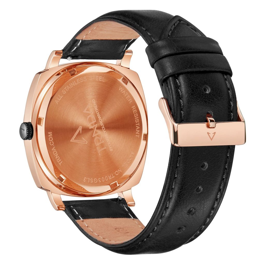 Trnda Men's Rose Gold Stainless Steel Watch, Black Leather | Trn045mm