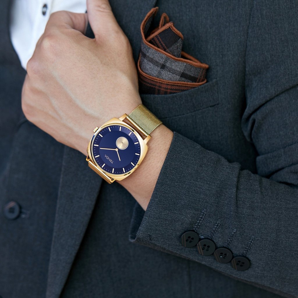 Trnda Men's Gold Stainless Steel Watch, Blue Dial | Trn-45mm-Gd